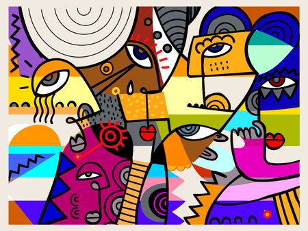 Abstract face portrait man and woman doodle line art  geometric decorative hand drawn vector illustration art print design.のイラスト素材