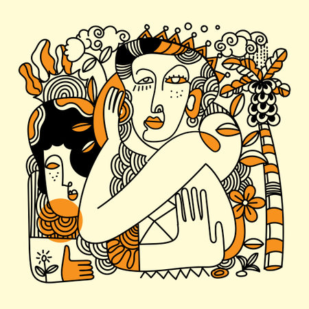 Abstract face portrait man and woman doodle line art  geometric decorative hand drawn vector illustration art print design.のイラスト素材