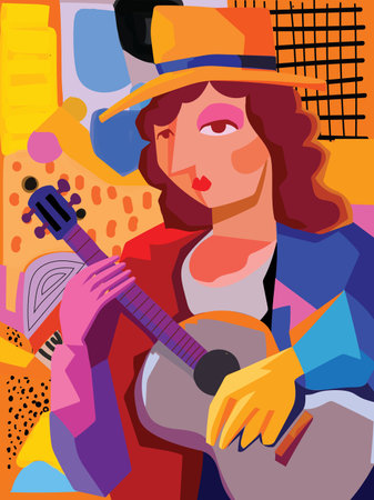 Woman portrait character colorful abstract geometric shape decorative hand drawn vector illustration art print design. Aesthetic graphic for cards, cover and poster.のイラスト素材