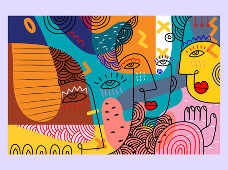 Abstract face portrait people male and female doodle hand drawn geometric, ethnic vector illustration art print, cover, poster, background, home decoration.のイラスト素材