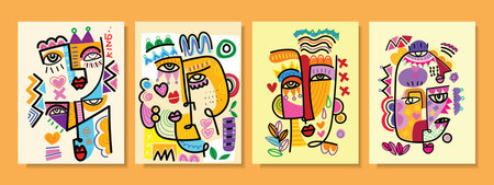Set of abstract face people portrait geometric, doodle, decorative, line art hand drawn vector illustration. Aesthetic design for art print, wall art, poster, cover, cards and backのイラスト素材