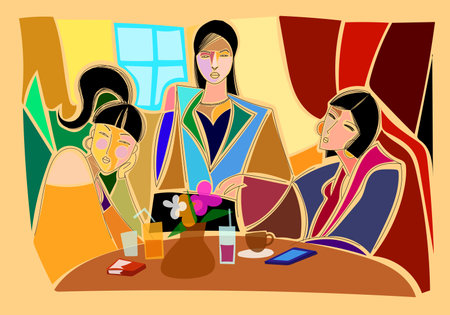 Abstract line drawing group women  face portrait geometric, doodle minimalist art print hand drawn vector illustration design background.のイラスト素材