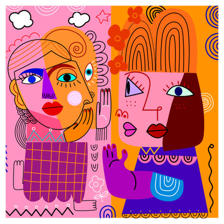Group abstract people face portrait geometric, doodle, decorative, line art hand drawn vector illustration design for art print, wall art, cards, poster, cover and background.のイラスト素材
