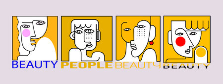 Set of abstract face people portrait geometric, doodle, decorative, line art hand drawn vector illustration. Aesthetic design for art print, wall art, poster, cover, cards and backのイラスト素材