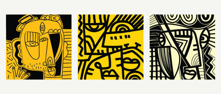 Set of abstract face people portrait geometric, doodle, decorative, line art hand drawn vector illustration. Aesthetic design for art print, wall art, poster, cover, cards and backのイラスト素材