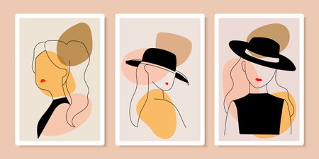 Set of abstract face people portrait geometric, doodle, decorative, line art hand drawn vector...
