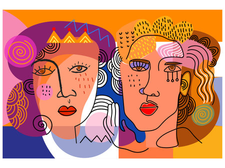 Group abstract people face portrait geometric, doodle, decorative, line art hand drawn vector illustration design for art print, wall art, cards, poster, cover and background.のイラスト素材