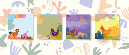 Set of cartoon chicken, hen and rooster poultry farm animal collection vector illustration.のイラスト素材
