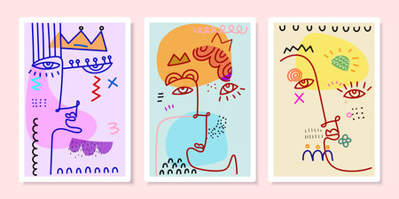 Set of abstract male and female face portrait geometric, doodle, line art, hand drawn vector illustration. Creative graphic with textured and shapes for wall art, print, poster.のイラスト素材