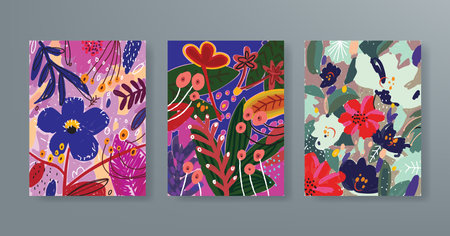 Set of colorful floral botanical plants and flower abstract background for cards, wall art, poster, cover, flyer template design. Contemporary collage organic shapes pattern summerのイラスト素材