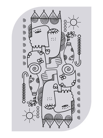 Abstract line drawing group face portrait geometric, doodle minimalist art print hand drawn vector illustration design background.のイラスト素材