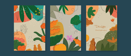 Set of colorful floral botanical plants and flower abstract background for cards, wall art, poster, cover, flyer template design. Contemporary collage organic shapes pattern summerのイラスト素材