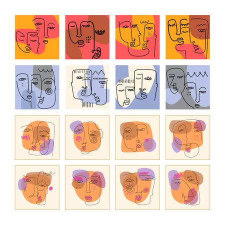 Set of abstract male and female face portrait geometric, doodle, line art, hand drawn vector illustration. Creative graphic with textured and shapes for wall art, print, poster.のイラスト素材