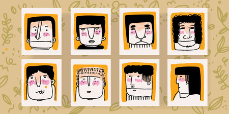 Set of abstract line drawing face portrait geometric, doodle minimalist art print hand drawn vector illustration design background.のイラスト素材