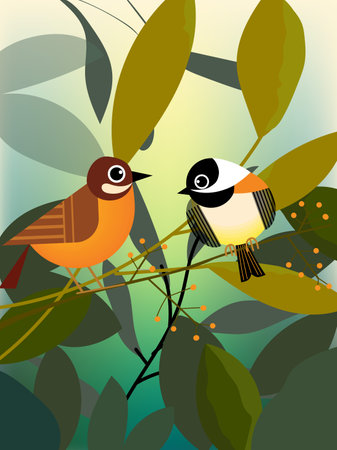Cute cartoon bird on plants, tree, branch on background vector illustration. Bird and nature collection.のイラスト素材