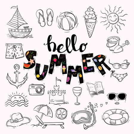 Tour, travel, vacation summer icon  doodle and hand drawn outline set vector illustration.のイラスト素材