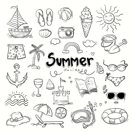 Tour, travel, vacation summer icon  doodle and hand drawn outline set vector illustration.のイラスト素材