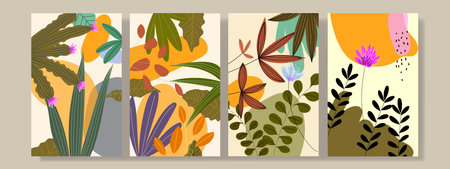 Abstract floral, plants and flower in forest nature hand drawn background set wall art, cover, poster, flyer template and brochure. Contemporary collage botanical nature.のイラスト素材