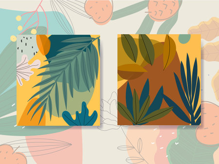 Abstract floral, plants and flower in forest nature hand drawn background set wall art, cover, poster, flyer template and brochure. Contemporary collage botanical nature.のイラスト素材