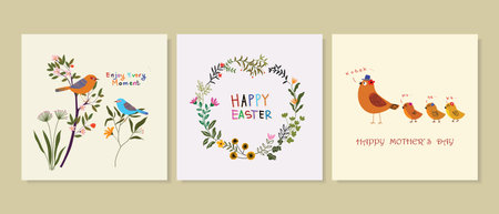 Set of cute cartoon bird on plants, tree, branch on background vector illustration. Bird and nature...