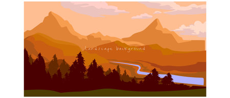Mountain, hill and forest landscape view background vector illustration. Beauty nature horison for cover, poster, cards and prints.のイラスト素材