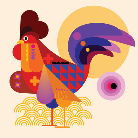 Aesthetic abstract rooster, cock, chicken geometric, shape and doodle colorful decorative vector illustration.のイラスト素材