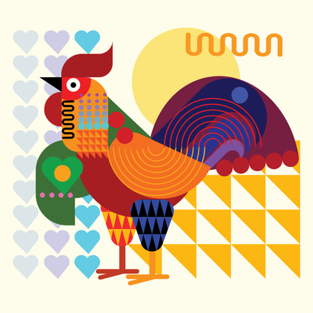 Aesthetic abstract rooster, cock, chicken geometric, shape and doodle colorful decorative vector illustration.のイラスト素材
