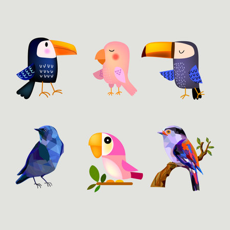 Set of cute cartoon bird on plants, tree, branch on background vector illustration. Bird and nature collection.のイラスト素材