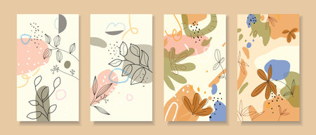 Abstract floral, plants and flower in forest nature hand drawn background set wall art, cover, poster, flyer template and brochure. Contemporary collage botanical nature.のイラスト素材