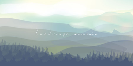 Mountain, hill and forest landscape view background vector illustration. Beauty nature horison for cover, poster, cards and prints.のイラスト素材