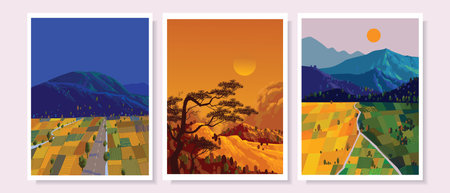 Mountain, hill and forest landscape view background vector illustration. Beauty nature horison for cover, poster, cards and prints.のイラスト素材