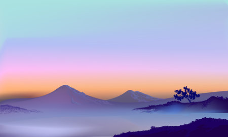 Mountain, hill and forest landscape view background vector illustration. Beauty nature horison for cover, poster, cards and prints.のイラスト素材