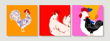Chicken, cock, rooster, hen, poultry farm animal set collection hand drawn vector illustration. Livestock pet domestic animal.のイラスト素材