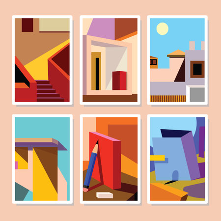 Abstract building and object  geometric and shapes, doodle and line bauhaus pattern style vector illustration. Hypster colorful trendy background.のイラスト素材