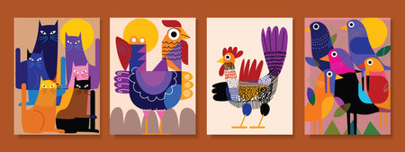Set of chicken, rooster, hen, poultry cartoon, geometric and shapes farm animal set collection hand drawn vector illustration. Livestock pet domestic animal.のイラスト素材