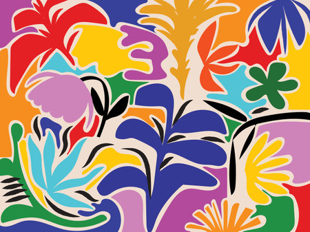 Abstract shapes and doodle floral, leaves, plants and flowers hand drawn vector illustration. Teandy design for wall art, poster, cards and  background.のイラスト素材