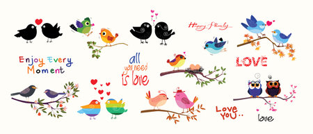 Set of cute cartoon bird on plants, tree, branch on background vector illustration. Bird and nature collection.のイラスト素材