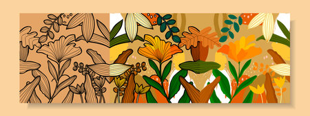 Abstract floral, plants and flower in forest nature hand drawn background wall art, cover, poster, flyer template and brochure. Contemporary collage botanical nature.のイラスト素材