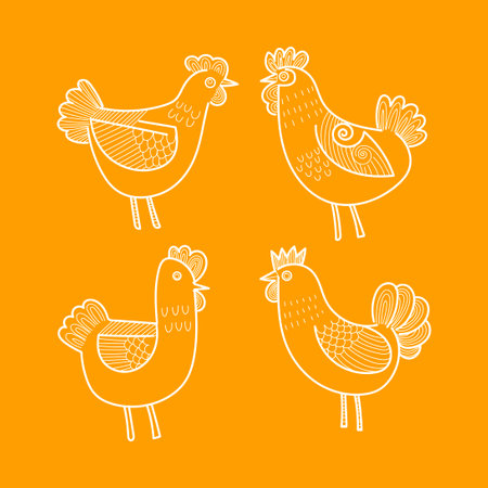 Set of chicken, rooster, hen, poultry farm animal set collection hand drawn vector illustration. Livestock pet domestic animal.のイラスト素材