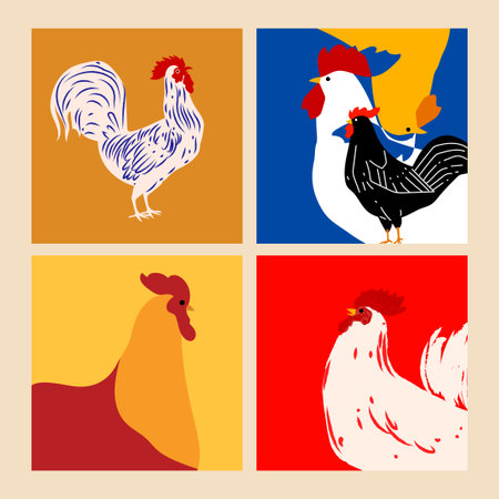 Set of chicken, rooster, hen, poultry farm animal set collection hand drawn vector illustration. Livestock pet domestic animal.のイラスト素材