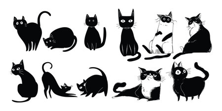 Sketch drawing cats line art outline hand drawn set vector illustration. Isolated on white background.のイラスト素材