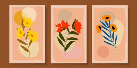 Abstract floral, plants and flower on pots, vases, hand drawn background wall art, cover, poster, art print,cards and decoration. Contemporary collage botanical nature.のイラスト素材