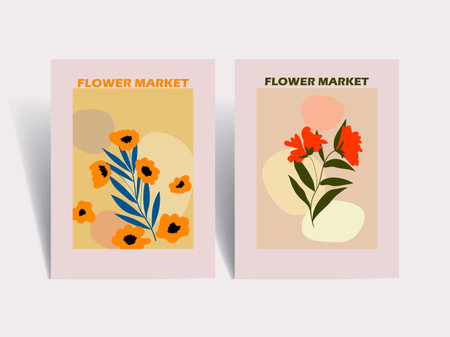 Flower market poster vector illustration hand drawn. Abstract floral art modern digital print for cards, wall decor, poster,cover, art print.のイラスト素材