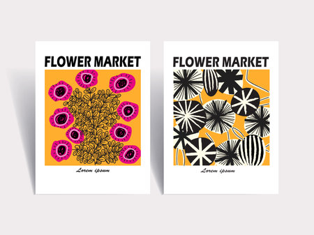 Flower market poster vector illustration hand drawn. Abstract floral art modern digital print for cards, wall decor, poster,cover, art print.のイラスト素材