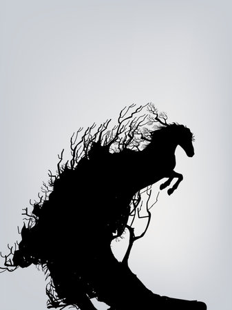 Silhouette horses  with trees and grass at forest view landscape vector illustration background.のイラスト素材