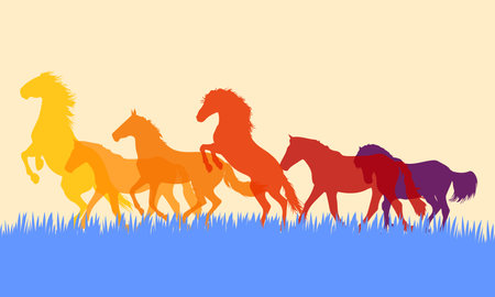 Colorful silhouettes horses icon vector illustration background. Metaphor animal to farm, nature, wild, freedom, power and healthy.のイラスト素材