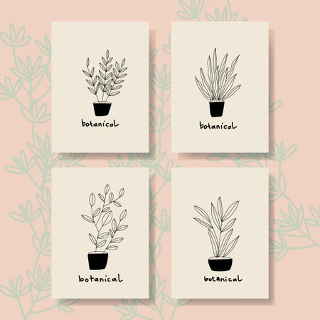 Floral, plants and flower on pots, vases, hand drawn background wall art, cover, poster, art print,cards and decoration. Contemporary collage botanical nature.のイラスト素材