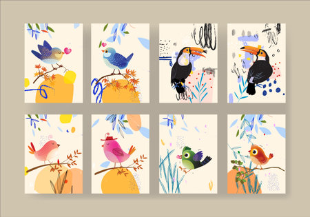 Set of cute cartoon bird on plants, tree, branch on background vector illustration. Bird and nature collection.のイラスト素材
