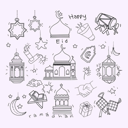 Set of symbols and icons for holy Ramadan doodle line art hand drawn vector illustration.のイラスト素材