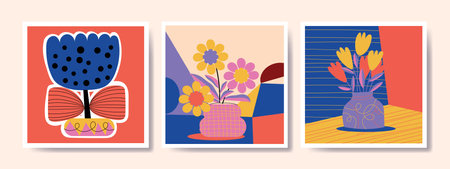 Beautiful abstract flowers and plants in pots, vase rough hand drawn vector illustration. Floral, houseplants, gardening art print.のイラスト素材
